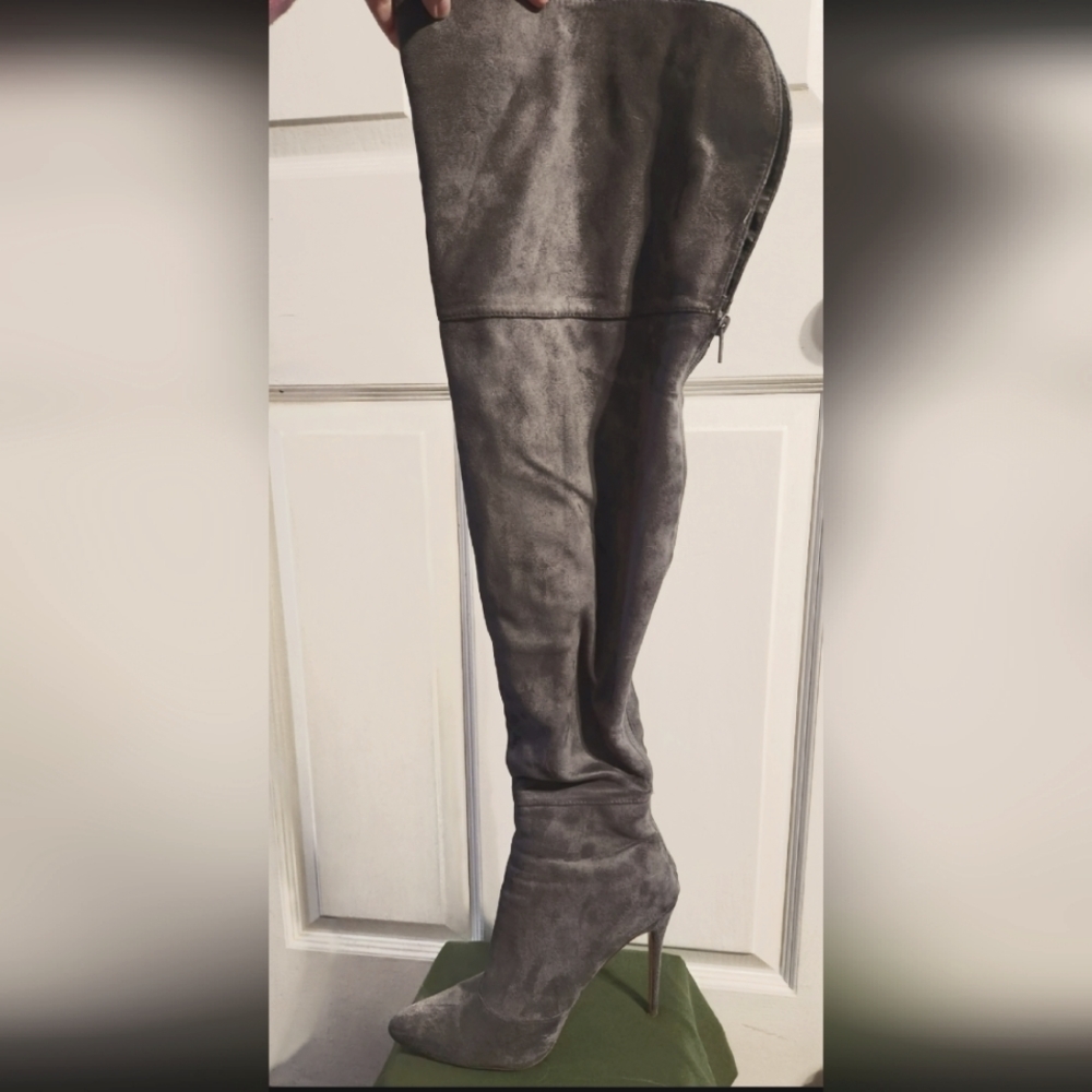 Gray suede Thigh-high stilleto boots